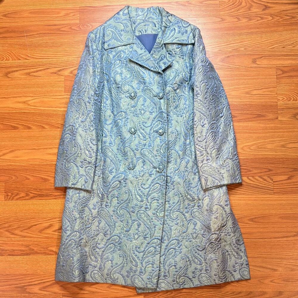 Vintage 1960s Brocade Blue Green Jacquard Coat Long Double Breasted